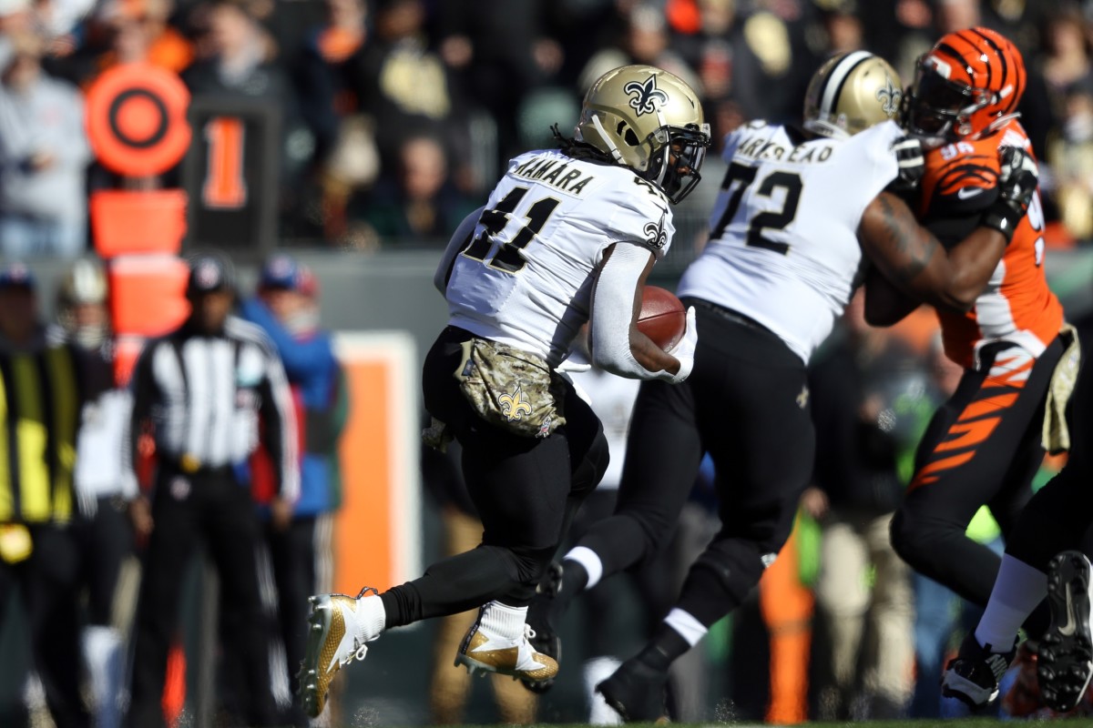 Nov 11, 2018; New Orleans Saints running back Alvin Kamara (41) against the Cincinnati Bengals. Mandatory Credit: Aaron Doster-USA TODAY